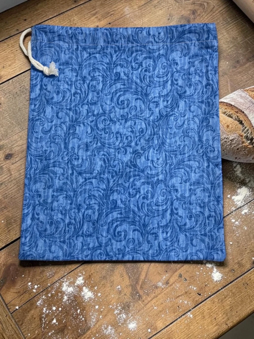 Marine Blue Swirl Leaf Design Cotton Bread Bag, Organic Reusable Sourdough Bag